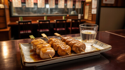 Delicious glazed Japanese mochi skewers (dango) and a drink on a wooden table in an izakaya.
