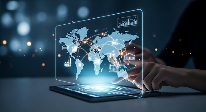 Supply chain management concept. Businessman views a holographic world map with logistics routes, symbolizing global trade, distribution, and SCM.
