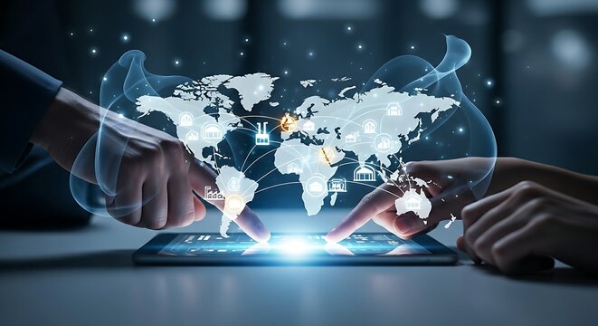 Supply chain management concept. Businessman views a holographic world map with logistics routes, symbolizing global trade, distribution, and SCM.