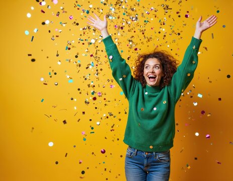 Excited woman celebrates big win shower of confetti on yellow background. Happy female expresses joy with arms up. Studio shot, one person, celebrating success.