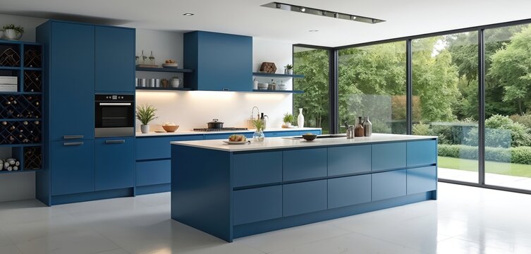 Modern kitchen interior with blue island, white countertop, wine rack, green garden view. Sleek design with stylish decor creates bright, elegant space. Ideal for real estate, interior design firms.