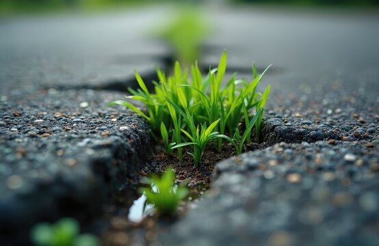 Close-up of vibrant green plants growing in grey asphalt crack. Symbol of nature resilience, sustainable urban development, representing hope, life overcoming obstacles. New life growing through
