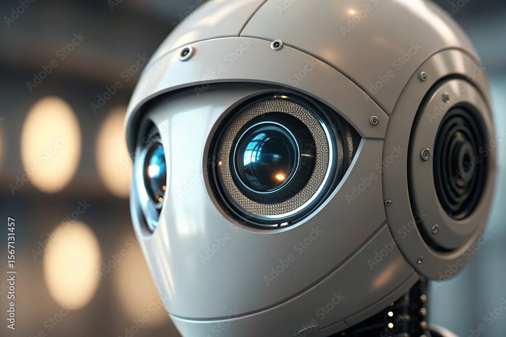 Poster futuristic robot head close-up highlights artificial intelligence and advanced technology design in 