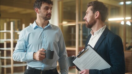 Caucasian men businessmen business partners friendly conversation dialogue talking in office coffee...
