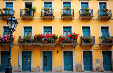 Colorful building facade with flowers on balconies in Leon Spain. Historic architecture, traditional European design with vibrant paint colors. Tourists travel, explore old town. Balconies, windows,