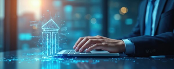 Businessman using laptop with digital bank icon. Concept of online banking fintech digital transformation in financial tech, cyber security, data protection, secure transaction, global economy,