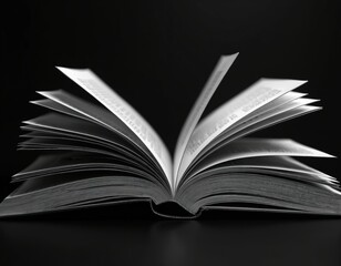 Open book with pages wide. Black and white still life, high contrast monochrome photo. Focus on pages. Textures, information reading learning. Education, knowledge research, storytelling, novel.