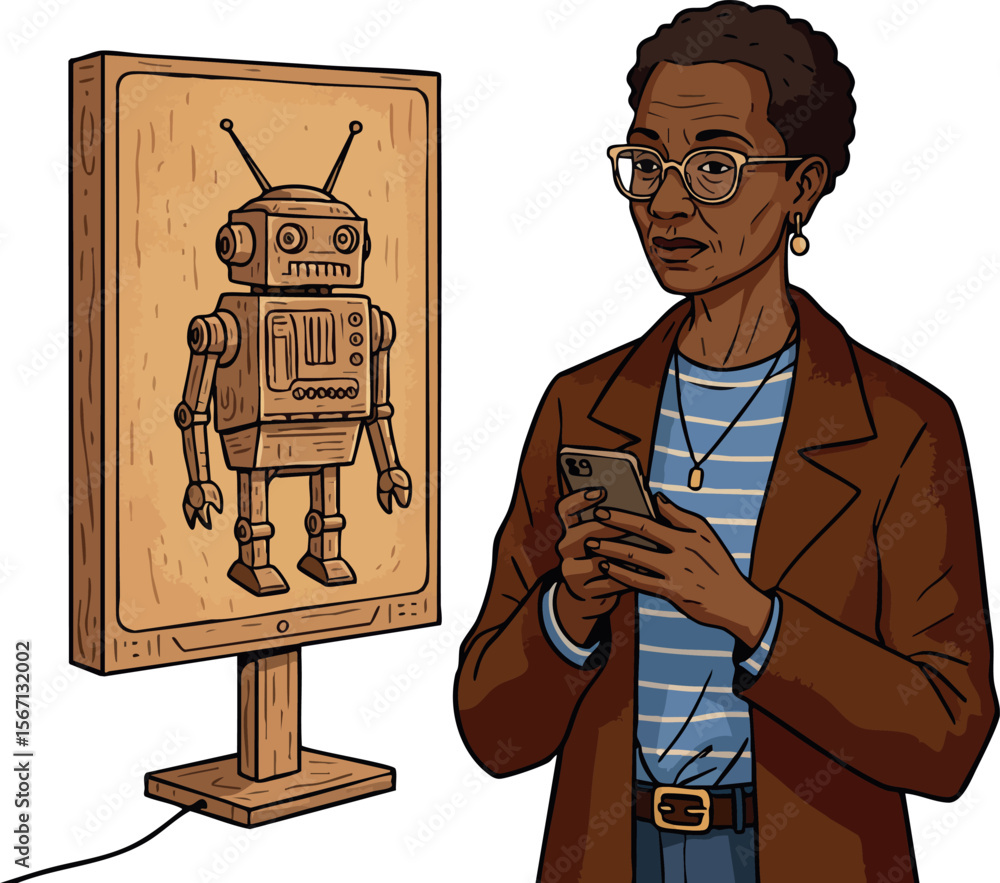 Poster woman using smartphone standing near retro robot model display in modern setting