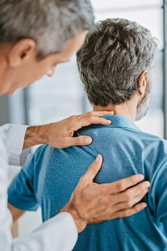 Chiropractor Assessing Male Patient's Back in Clinical Setting