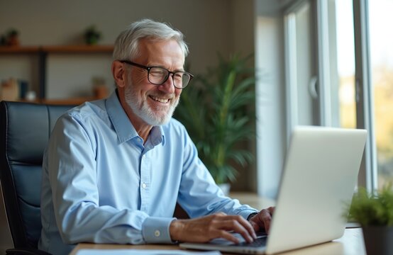 Smiling mature businessman works on laptop. Happy senior executive uses computer at desk. Elderly man in casual attire sits at home office. Online tech work, remote job, digital nomad life style.