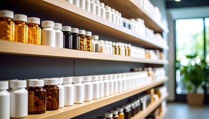 Organized Display Of Vitamin And Supplement Bottles Arranged Neatly On Wooden Shelves In A Pharmacy Setting