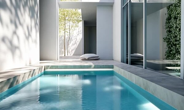 Modern minimalist poolside scene featuring a tranquil turquoise pool, sleek stone coping, large glass windows offering views of a small courtyard with slender trees, and a lush green wall