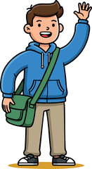 Young man waving hand wearing blue hoodie and green bag casual outfit vector illustration 