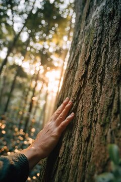 Hand Touching Tree Trunk in Sunlit Forest at Golden Hour