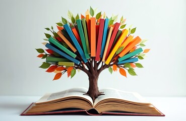 Conceptual image celebrates International Literacy Day. Tree with books as leaves grows from open book. Colorful education concept. Promoting knowledge, literacy. White background. Education,