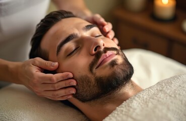 Young man enjoys facial massage in spa. Beautician performs beauty procedure in wellness center. Male client relaxes during skin care therapy. Spa treatment promotes healthy lifestyle.