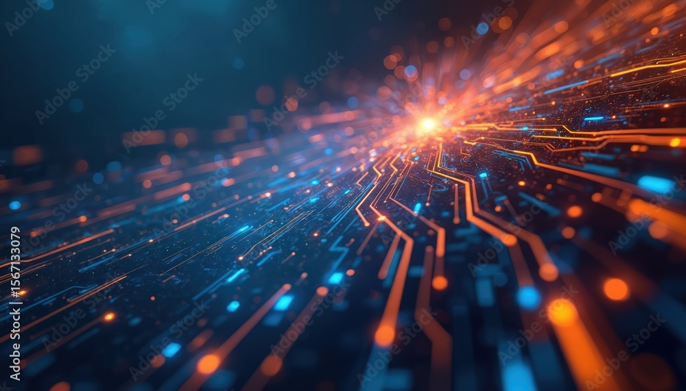 Poster abstract digital interface with glowing orange, blue data streams. tech background, network visualiz