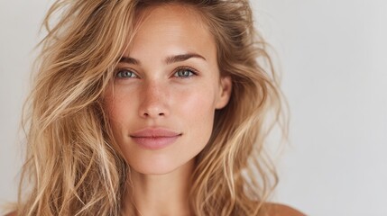 Naklejka premium Woman with blonde hair and a pinkish tint to her lips