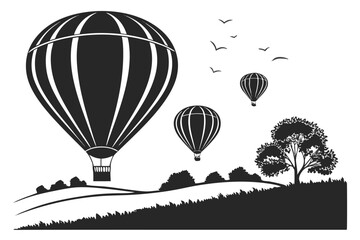 A Whimsical Journey Hot Air Balloons Over Rolling Hills with Majestic Trees and Birds Flying in the Sky