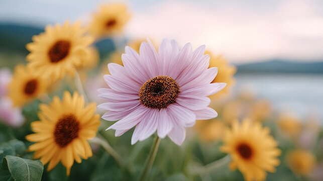 Close up of a pink flower with yellow petals