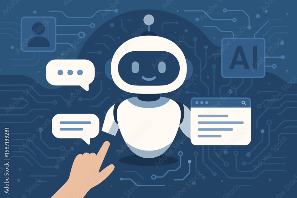 Poster ai chatbot technology concept. user hand interacts with a friendly robot assistant for customer serv