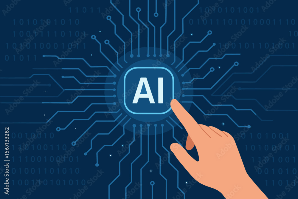 Poster artificial intelligence and big data concept. human hand touching ai button on a digital circuit boa