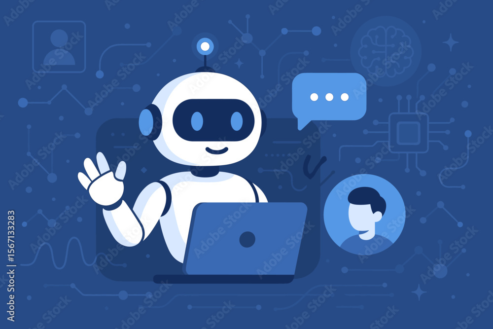 Aufkleber artificial intelligence concept with a friendly robot chatbot using a laptop. ai technology for onli