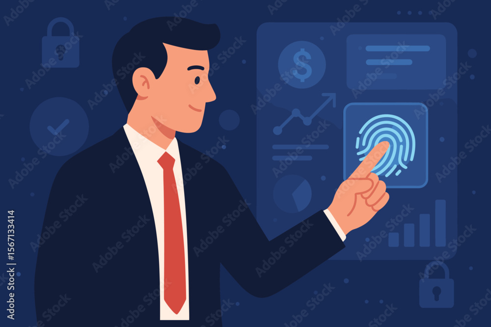 Poster businessman using fingerprint identification to access personal financial data. biometrics security 