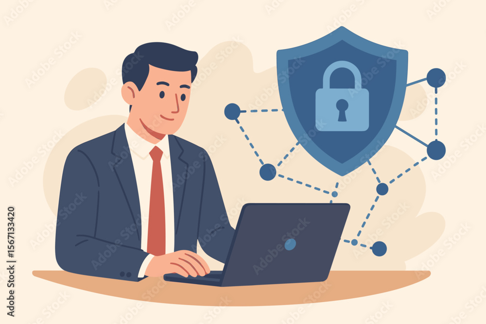 Poster cybersecurity concept with a businessman at a laptop computer. shield and padlock for data protectio