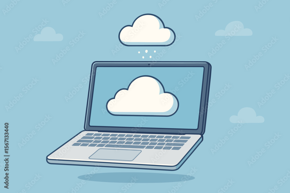 Poster cloud computing concept with laptop and data transfer. modern flat vector cartoon illustration of cl