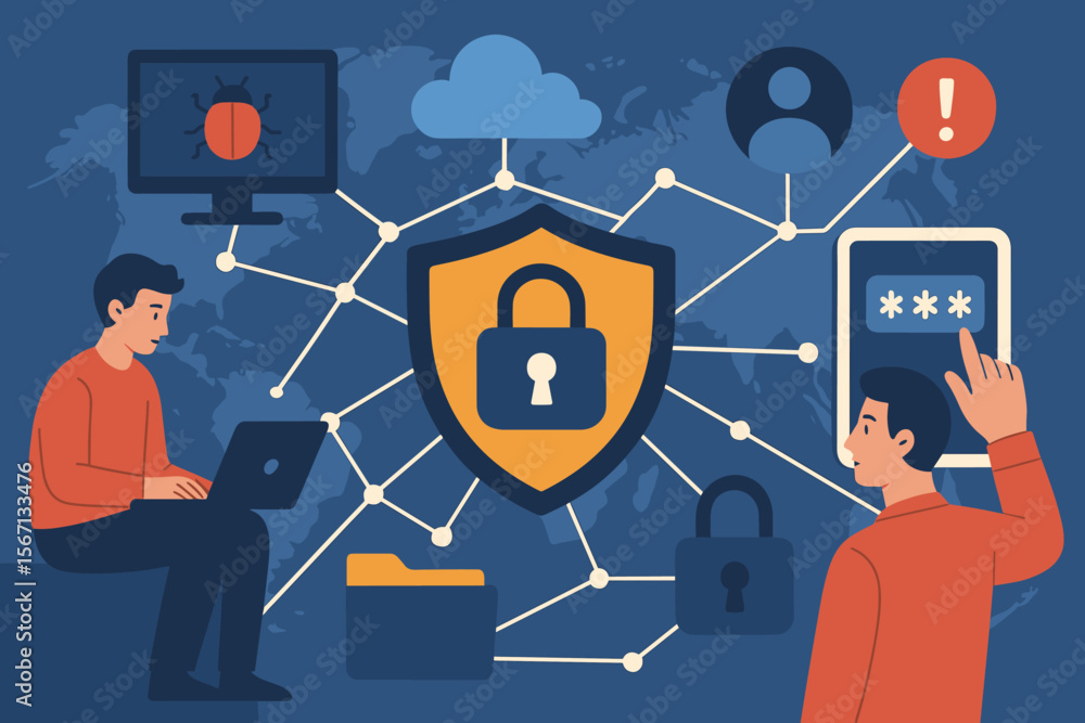 Poster cybersecurity concept for global network security. information technology service for data protectio