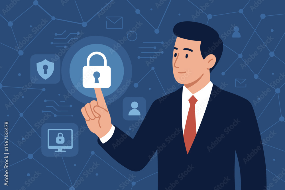 Poster cybersecurity and internet network security system concept. businessman touching a padlock icon on a