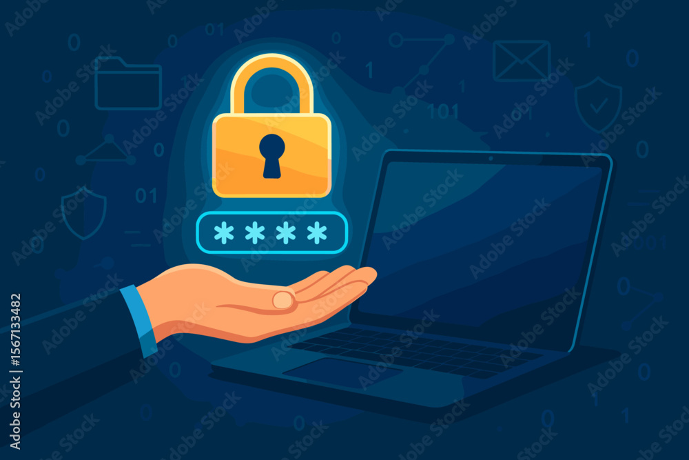 Poster cybersecurity concept. hand holding glowing padlock and password for secure login on a laptop. digit