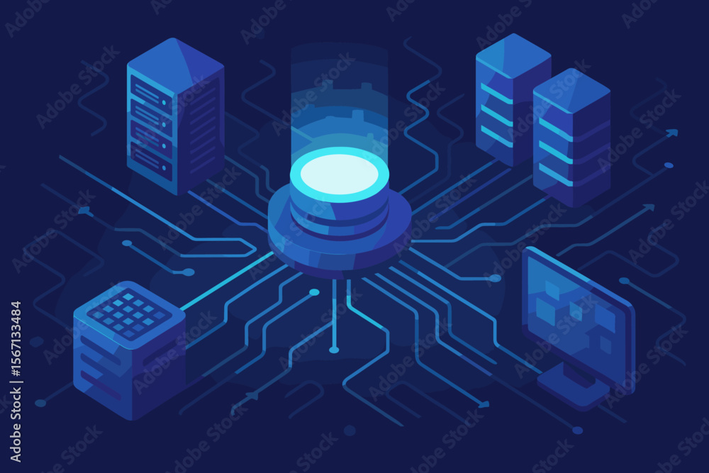 Poster isometric data center and server room concept. futuristic technology for big data processing, cloud 