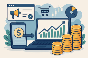 Digital marketing and e-commerce concept. Online business growth and investment success. Financial technology illustration with mobile payment, laptop analytics, and stock market chart.