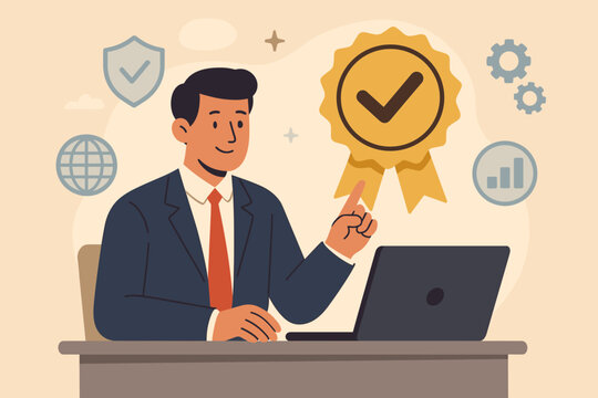 Quality assurance concept with businessman at desk. Manager works on laptop pointing to certified medal. Top service guarantee, standards, ISO certification and standardization.