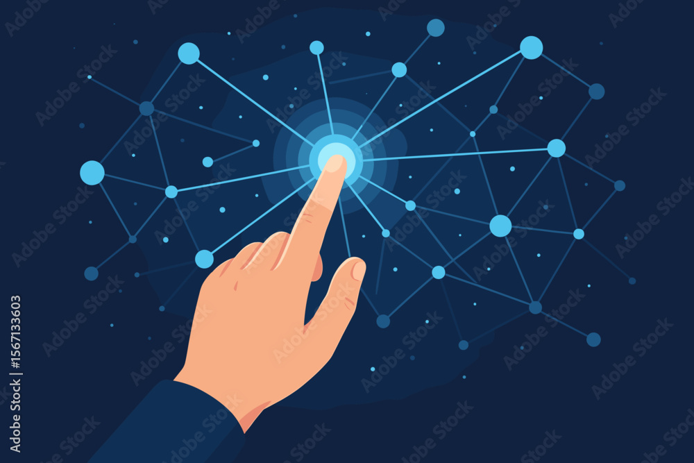 Poster hand touching a glowing node in a futuristic network. concept of digital transformation, internet co