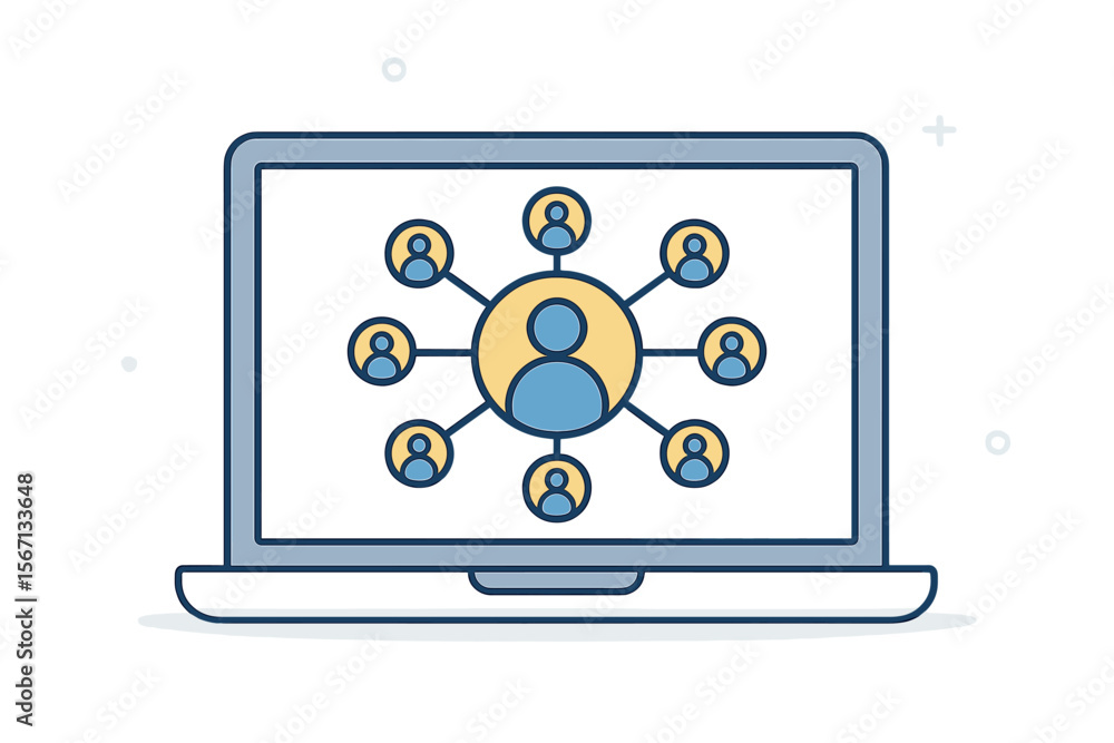 Poster digital customer network connection icon on laptop screen. omni channel communication. flat vector i