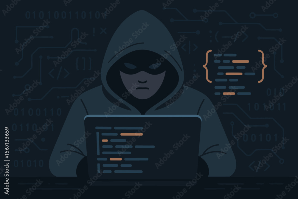 Poster anonymous hacker in hoodie working on laptop with code on screen, cybercrime, internet security brea