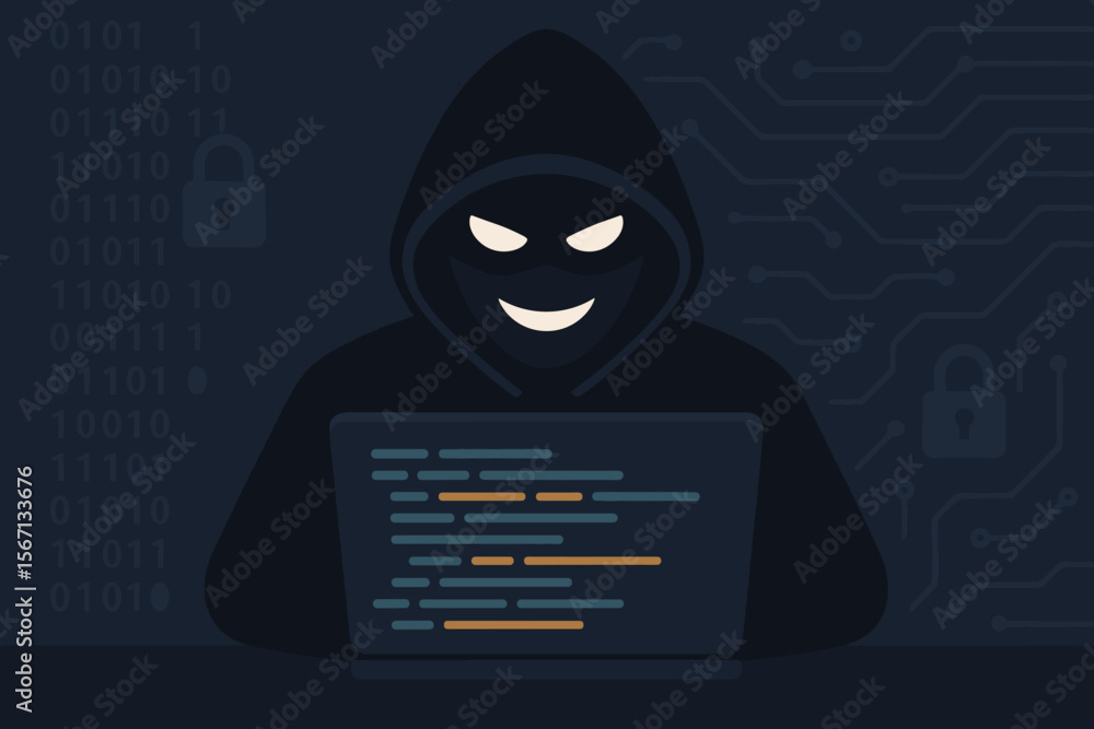 Poster cybercrime hacker in dark hoodie coding on laptop. data breach, internet security threat, malicious 
