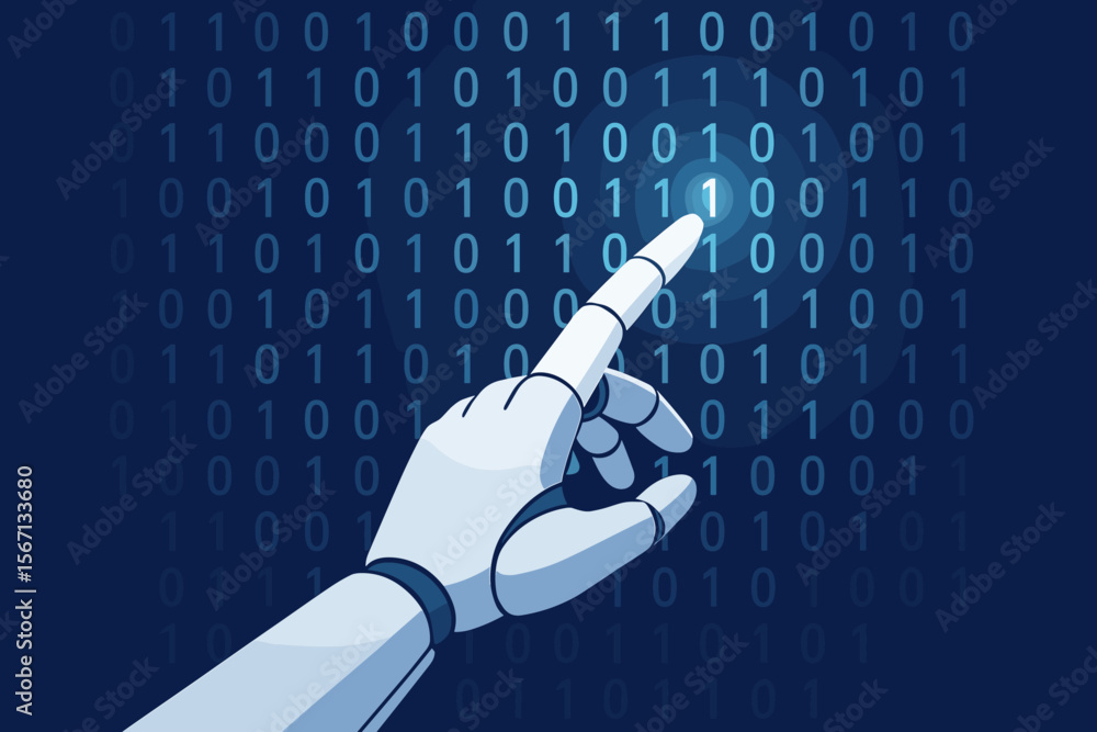 Poster robotic hand touching binary code data stream. artificial intelligence, machine learning, deep learn