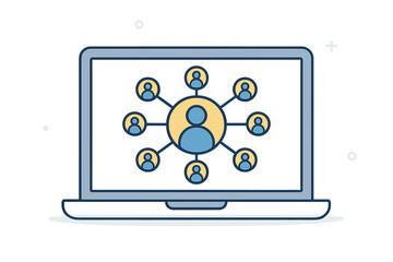 Digital customer network connection icon on laptop screen. Omni channel communication. Flat vector illustration. Online teamwork, remote collaboration, social media, business network concept