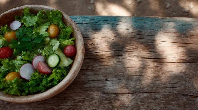 Bowl of salad with lettuce, radishes, tomatoes, and cucumbers