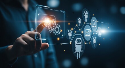 RPA (Robotic Process Automation) concept. Hand touches a gear icon on a holographic interface, activating an automated workflow with bots for business efficiency.