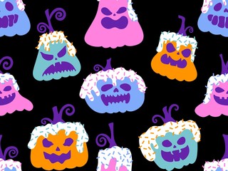 Autumn harvest vegetable seamless monster Halloween pumpkins pattern for wrapping paper and fabrics