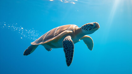 Fototapeta premium A realistic underwater scene shows a small sea turtle swimming gracefully in the clear blue ocean waters illuminated by the sun. The turtle has a smooth oval shell with shades of brown and light brown