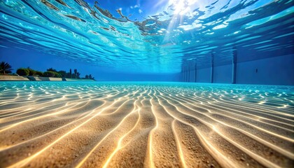 Underwater View of Sandy Pool Floor with Sunlight and Water Refraction