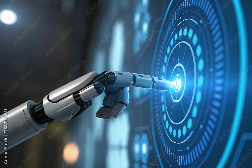 Poster a robotic hand touches a glowing blue interface, representing future technology and artificial intel