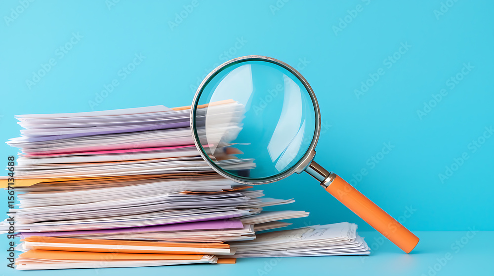 Poster analyzing documents: magnifying glass over a stack of files. the search for information or complianc
