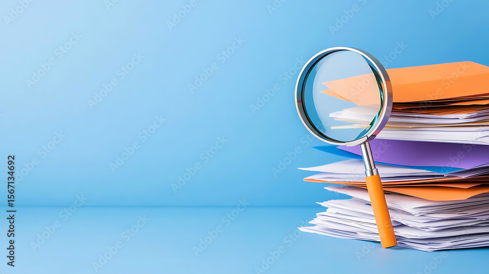 Poster document audit: magnifying glass over a stack of files. emphasizing thorough review and investigatio